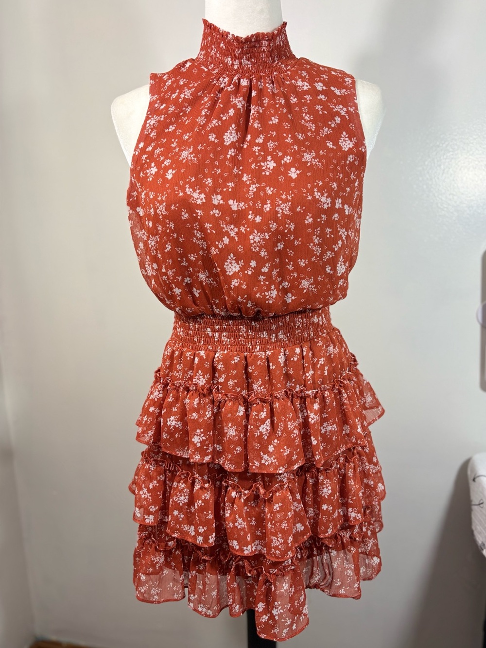 1. State Rust Floral Smocked Tiered Mini Dress